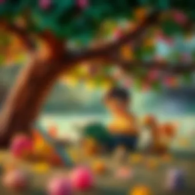 An enchanting scene of a child reading a storybook under a tree, surrounded by magical creatures.