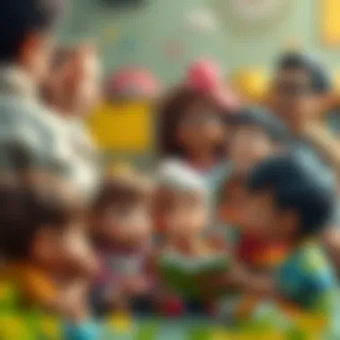 An illustration of diverse children gathered around a storyteller, listening intently with expressions of wonder.