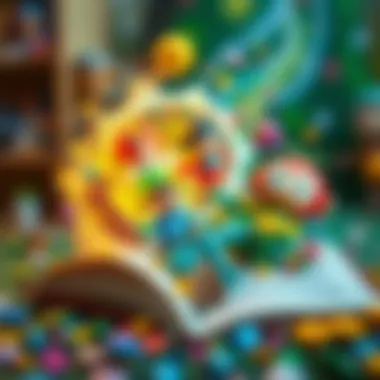 A vibrant depiction of a child’s imagination with various characters and scenes emerging from a book.