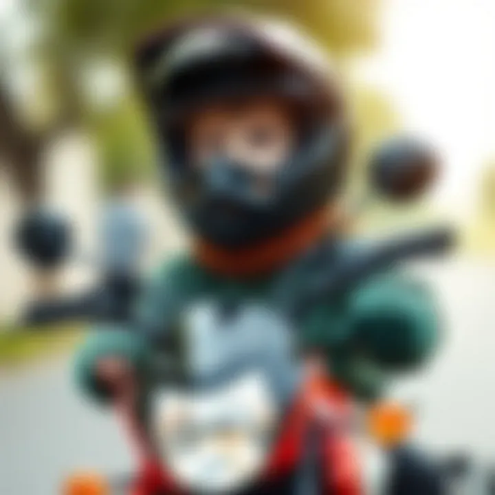 A child wearing a helmet and riding a motorcycle
