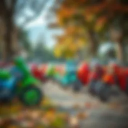Colorful children motorcycles lined up in a park