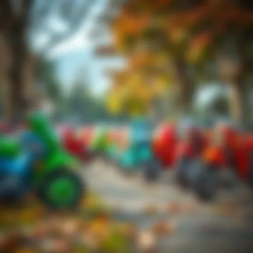 Colorful children motorcycles lined up in a park