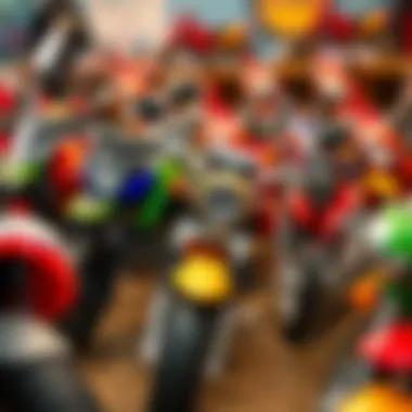 Different styles of kids' motorcycles on display