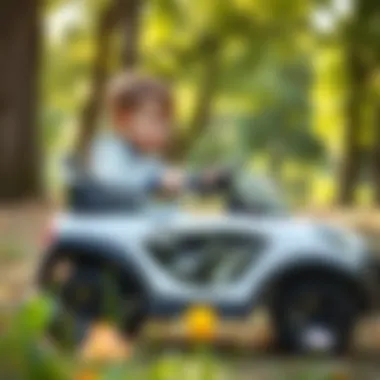 Child driving a toy car in a park
