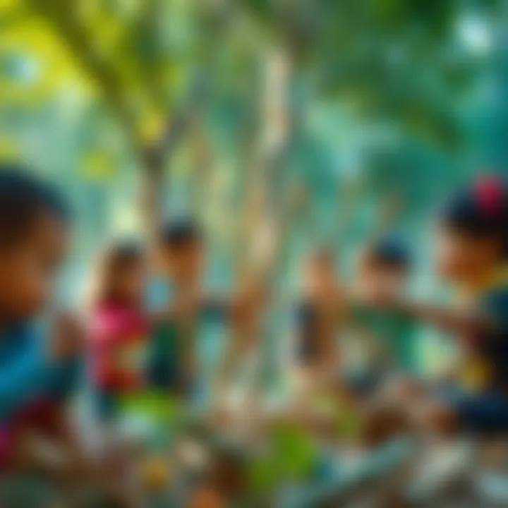 Group Social Game with Bamboo Stick Toys Group of children participating in a social game using bamboo sticks.