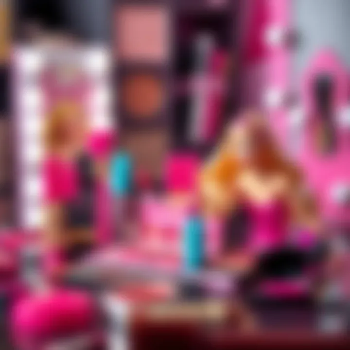 Colorful Barbie makeup set displayed with accessories