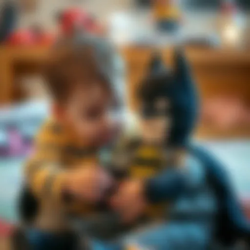 Engaging with Batman Panduf A child playing with a Batman-themed plush toy