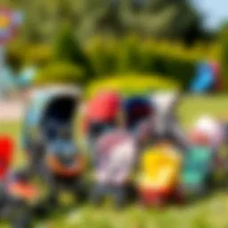 Various types of stroller sets displayed outdoors