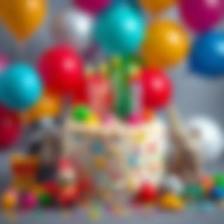 Delightful cake surrounded by colorful balloons and toys