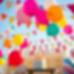 Colorful birthday decorations including balloons and banners