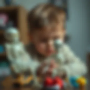 Child playing with skeleton toys, focusing on creativity