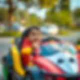 Child enjoying a ride in a colorful electric car