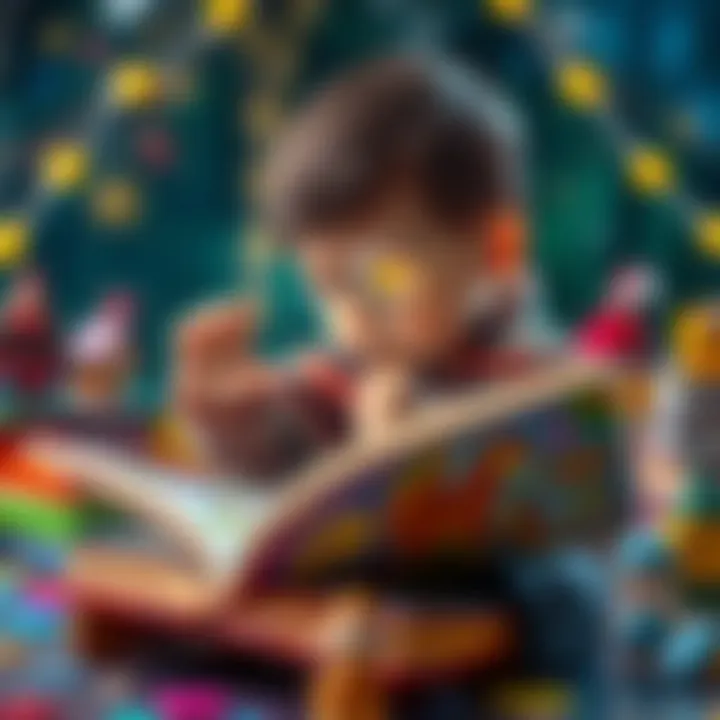 Exploring a Magical World through Books A child immersed in a colorful storybook, exploring a magical world