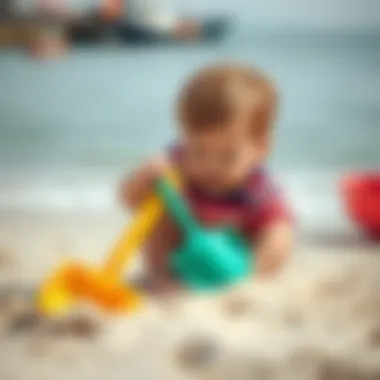 Child playing with a toy shovel on the beach