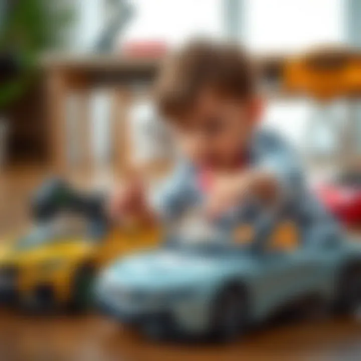 Child playing with BMW car toys, enhancing motor skills