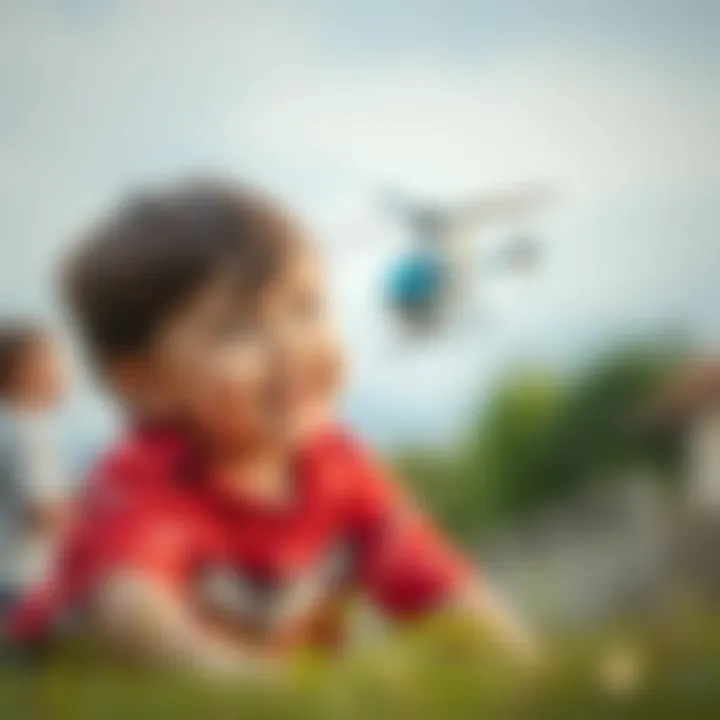A Child's Joy with Flying Helicopter Child playing with a flying helicopter