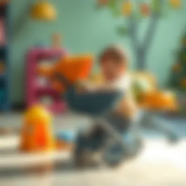 Child playing with stroller as a toy