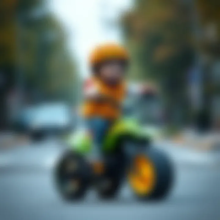 A child riding a four-wheeled bicycle while wearing a helmet