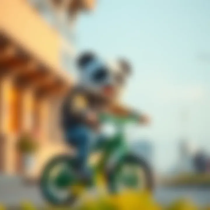 Child riding a small panda bicycle with joy