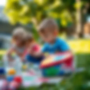 Children engaged in an art activity using a paint set bag outdoors