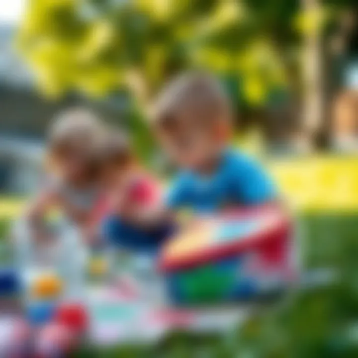 Children engaged in an art activity using a paint set bag outdoors