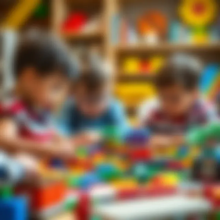 Children engaged in creative play with Lego blocks, illustrating collaborative building and imaginative design.