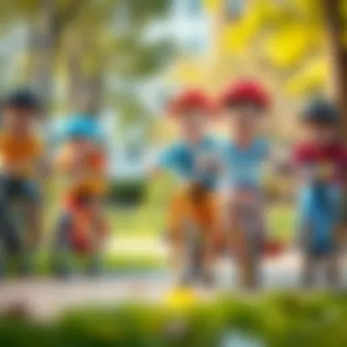 Children riding bicycles together in a park, emphasizing social interaction.