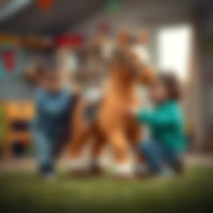 Children engaging in play with a large toy horse