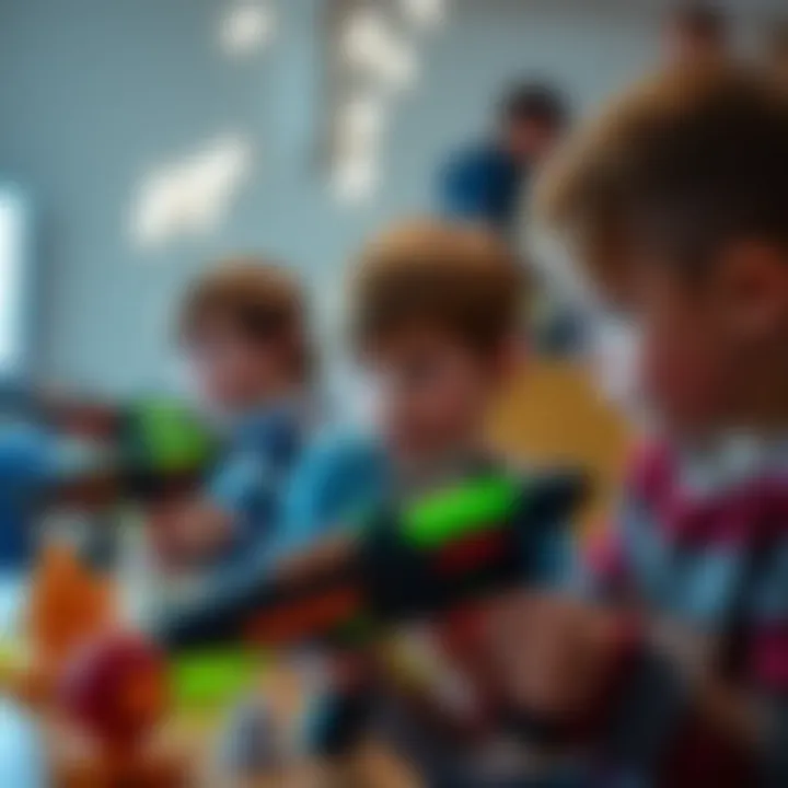 Interactive Playtime with Light-Up Weapons Children engaged in a game with light-up weapons
