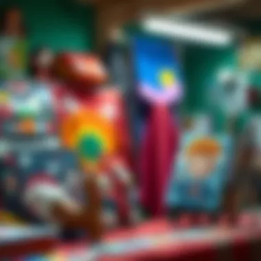 Collection of fabric painting projects displayed