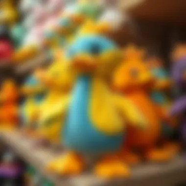 Colorful Psyduck plush toy displayed on a shelf