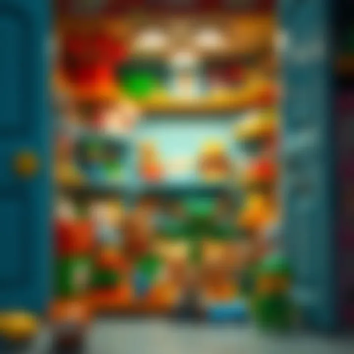 Colorful toy wardrobe showcasing a variety of toys inside