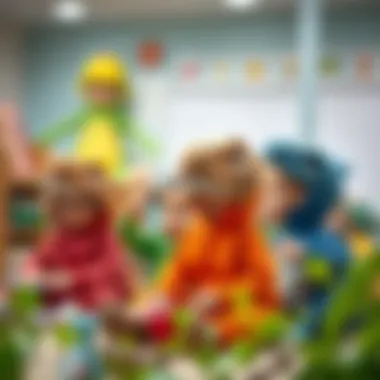 A playful learning environment where children use dinosaur costumes for educational activities.