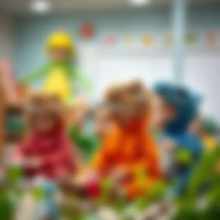A playful learning environment where children use dinosaur costumes for educational activities.