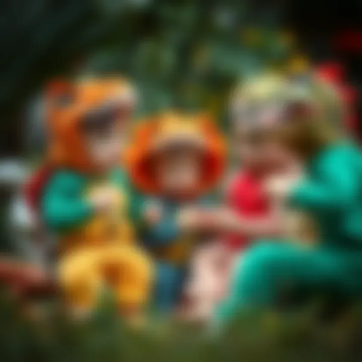 A group of kids engaging in role play while dressed in dinosaur costumes, highlighting social interaction.