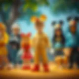 Illustration of various Disney character-themed outfits for children