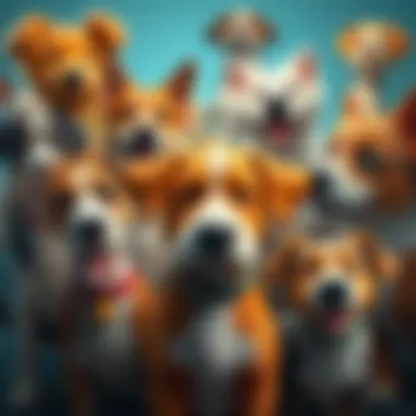 A vibrant collage of different dog breeds featured in animation