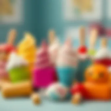 Close-up of diverse ice cream toys arranged artistically