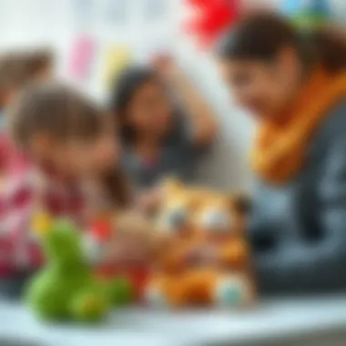 Educational Interaction with Plush Toys An educator interacting with children using plush fabric toys.