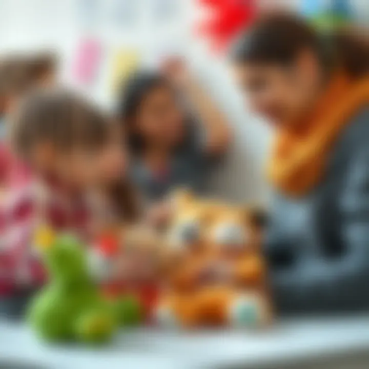 Educational Interaction with Plush Toys An educator interacting with children using plush fabric toys.