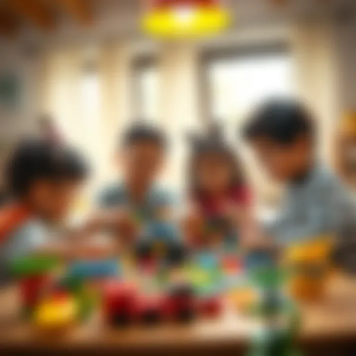 A family gathered around a table, enjoying the process of building the Lego set together, representing family bonding.