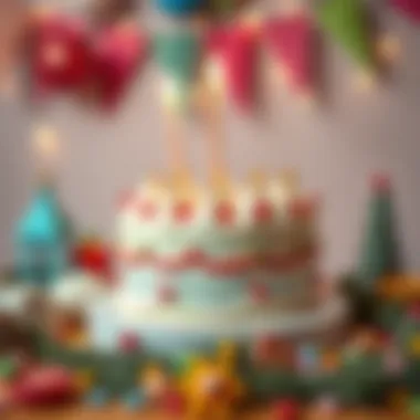 Festive birthday cake surrounded by decorative elements