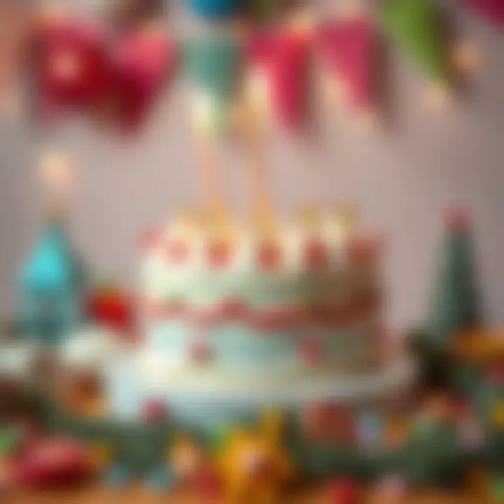 Festive birthday cake surrounded by decorative elements