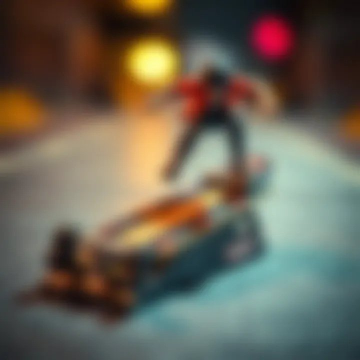 Technical Trick on Mini Ramp An action shot of a fingerboard performing a technical trick on a mini ramp.