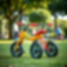 A colorful four-wheeled bicycle for children in a park setting
