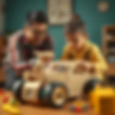 Parents and children collaborating on cardboard car creation