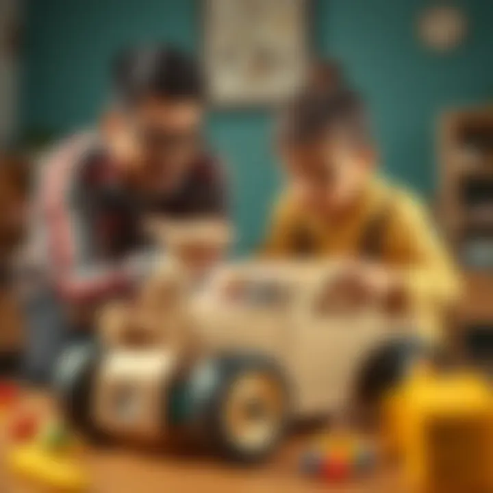 Parents and children collaborating on cardboard car creation