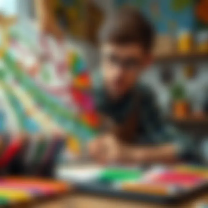 An artist using felt tip pens to create a colorful artwork on canvas