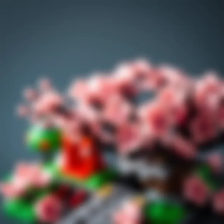 A close-up of unique Lego pieces that form the Cherry Blossom, emphasizing the artistic elements of the set.