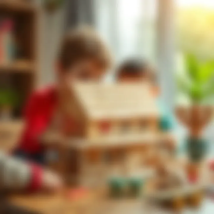 Creative Engagement in Building Children engaging in the creative process of building a wooden model house.